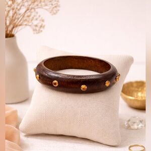 Wooden Bangle Bracelet with Amber Rhinestones | Boho Statement Jewelry